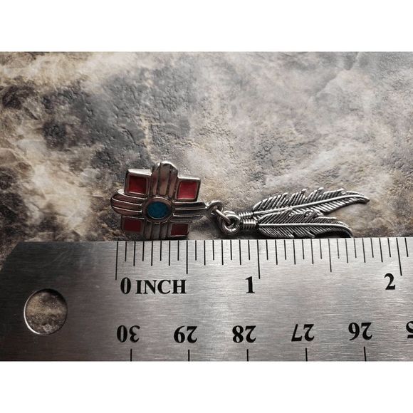 Silver-tone and Turquoise /Red Square w/Feathers Earrings - 1.75" inches - Picture 3 of 3